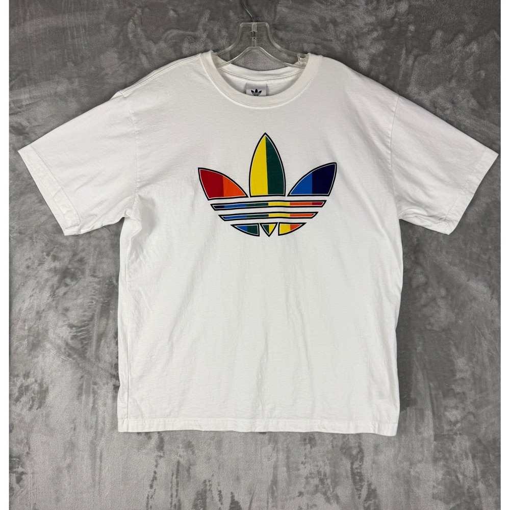 Adidas Trefoil Logo T Shirt White Rainbow Stripes Men Size Large